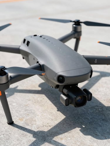 Close-up of a rugged enterprise drone with thermal camera sensors on a launch pad, high-contrast technical details, slate gray tones