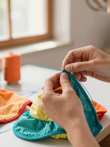 Close-up of artisan hands carefully stitching colorful pet clothing with teal thread in a warm, bright workshop in Celaya, soft natural window light