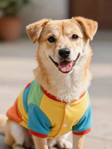 Happy dog wearing a colorful handmade shirt, looking at the camera, warm daylight, vibrant pet photography