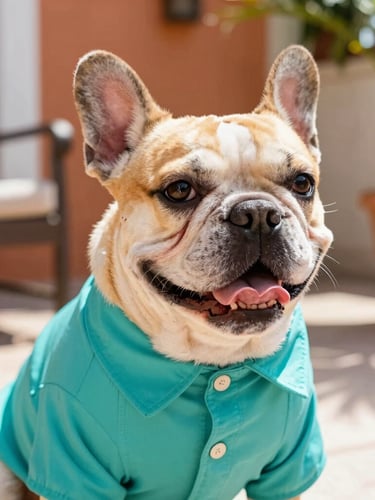 Close-up eye-level shot of a happy French Bulldog wearing a vibrant teal custom-tailored shirt, sitting comfortably in a sunlit Mexican patio, warm natural daylight