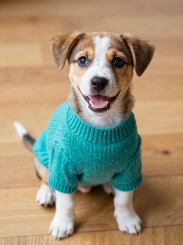 A happy small puppy wearing a colorful teal knitted sweater, sitting on a warm wooden floor in natural daylight, looking up with bright eyes, shallow depth of field