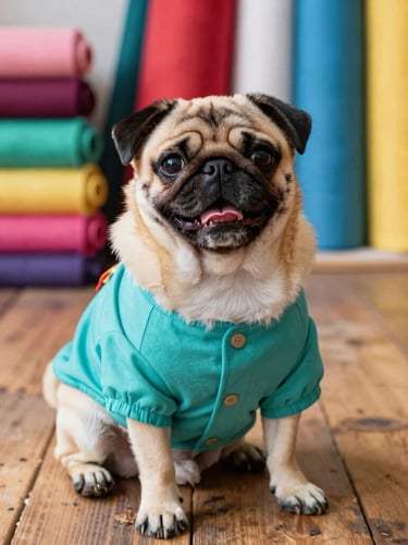 A happy small pug wearing a vibrant handcrafted teal shirt, sitting proudly on a rustic wooden floor next to rolls of colorful fabrics, warm natural daylight