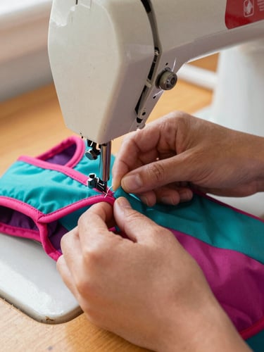 Hands carefully stitching a colorful teal and magenta pet vest on a vintage sewing machine in a warm, sunlit workshop in Celaya, close-up, shallow depth of field