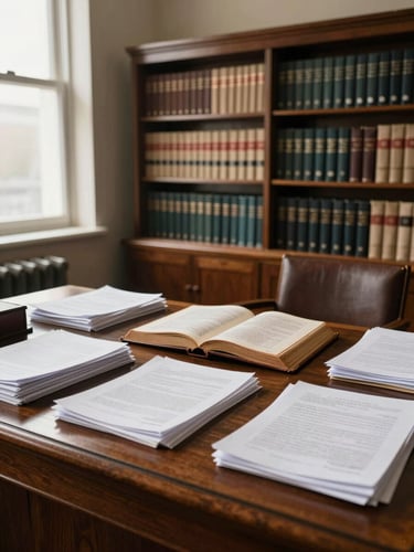 Wide environmental shot of a law office interior, warm diffused window light falling across a heavy wooden desk covered in stacked legal documents and a worn leather-bound book open at the center, bookshelves dense with volumes filling the background, no people present — a space that holds the weight of decades of practice