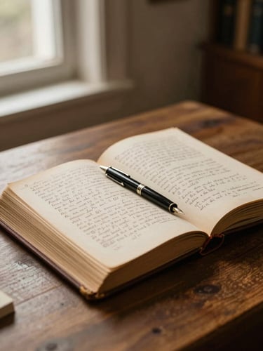 Close environmental portrait framing: a worn leather-bound legal tome open on a wooden desk, handwritten annotations visible on yellowed pages, a fountain pen resting across the spine, warm diffused window light from the left, shallow depth of field, archival sepia-blue toning