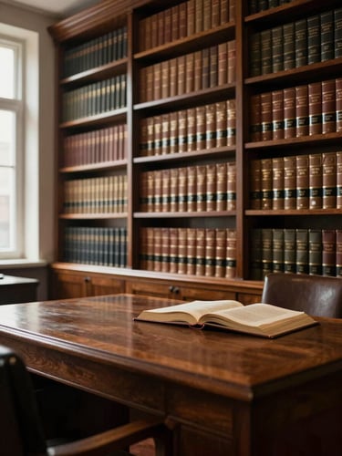 Wide interior of a traditional law office library, bookshelves lined with leather-bound legal volumes receding into the background, a wooden desk with a single open volume at the right third, warm diffused window light entering from the far left, deep shadows in the foreground corners, no people present