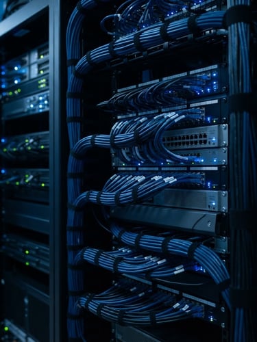 Close-up of clean structured cabling inside a dark server rack, glowing blue status LEDs, sharp focus on organized wires, premium tech photography, cool blue ambient light, 50mm lens