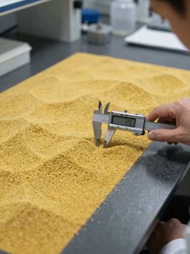 A technical laboratory technician measuring aggregate particle shape geometry with a digital caliper, sharp industrial focus.