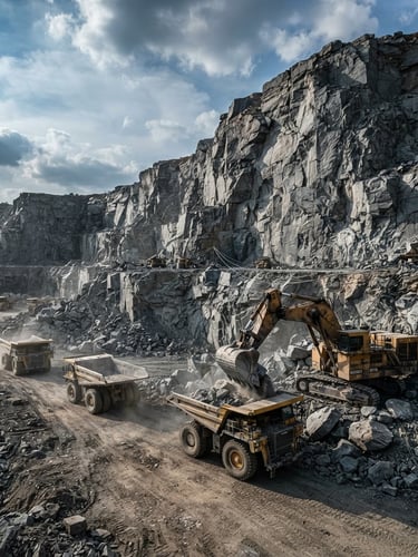 Wide-angle gritty industrial shot of raw granite cliffs at the Shivapura quarry, heavy excavators loading haul trucks, high-contrast dramatic natural daylight, desaturated slate tones