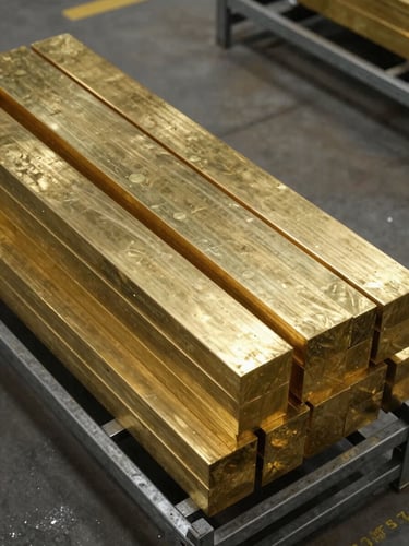 Close overhead 45-degree angle of finished brass billets stacked in steel racking on a factory floor, warm tungsten overhead light catching the golden-amber surface of each billet, concrete floor visible below, industrial racking structure framing the composition, no people