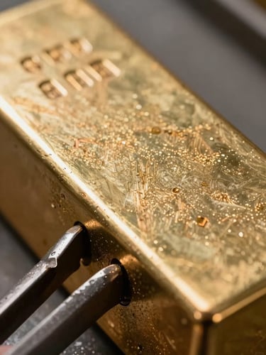 Extreme close-up of a freshly cast brass ingot surface, warm amber and copper tones, fine crystalline grain visible under angled factory daylight, steel tongs gripping the ingot edge in the lower-left corner, shallow depth of field