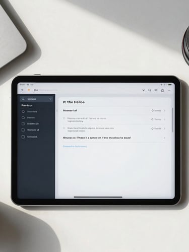 A clean, top-down flat lay of a modern workspace with a tablet displaying a high-contrast, legible user interface, bathed in bright natural daylight.