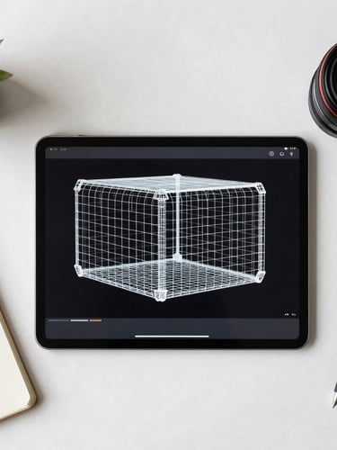A clean, bright top-down flat lay of a modern workspace with a tablet displaying a high-contrast wireframe and a notebook with clean sketches under natural daylight.