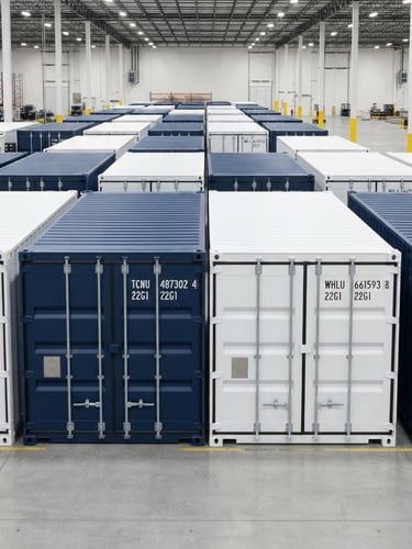 A bright, neutral studio shot of modern steel shipping containers aligned neatly in a logistics hub, sharp focus, 50mm lens