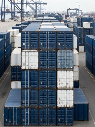 A high-quality close-up of blue shipping containers stacked in a modern harbor, clean commercial photography, bright neutral overcast light, crisp white and navy tones, sharp focus, 50mm lens
