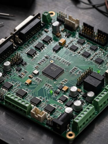 Sharp macro photography of a high-performance CNC controller board on a brushed metal workbench, technical studio lighting, dark slate background, copper and green circuit board details, 85mm