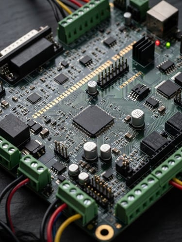 Sharp macro photography of a CNC controller board, technical studio lighting, dark slate background, copper and green circuit board details, 85mm