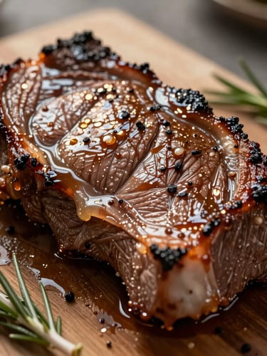 Gros plan texturé sur un jus de viande miroitant versé sur une viande tendre cuite à basse température, herbes aromatiques de Normandie, lumière dorée de fin de journée.