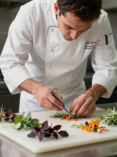 Mains d'un chef cuisinier dressant avec une pince de précision des herbes aromatiques fraîches sur une entrée colorée, lumière naturelle douce de côté.