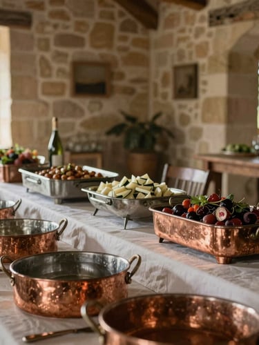 Soft natural side-light on a beautifully arranged buffet table in a Normandy stone barn, copper serving dishes in the foreground, rustic elegance.