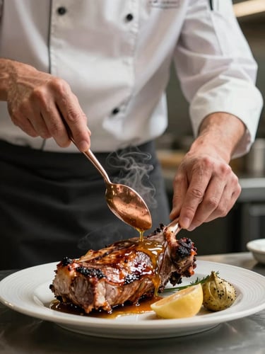 Gros plan serré sur les mains d'un chef cuisinier arrosant une viande rôtie de son jus doré avec une cuillère en cuivre, vapeur légère, cuisine professionnelle en arrière-plan flou.