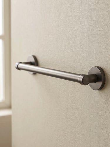 Macro clean editorial photography of a solid-milled dark metal towel bar mounted on a textured beige plaster wall, soft diffused morning window light, shallow depth of field, minimalist architectural composition.