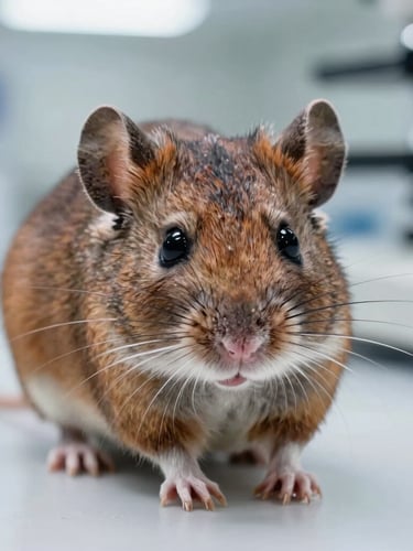 Macro photograph of a rodent in a clean laboratory setting, clinical lighting, sharp focus on whiskers, technical diagnostic style.