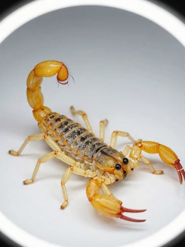 Macro studio photograph of a yellow scorpion (Tityus serrulatus) on a stark white clinical surface, cold ring-light illumination, high-definition details of the stinger, clean diagnostic style.