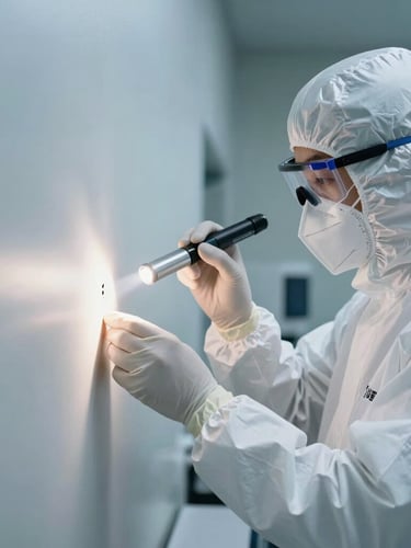 A professional technician wearing a white biosafety suit examining a wall crevice with a clinical UV light, sterile laboratory aesthetic