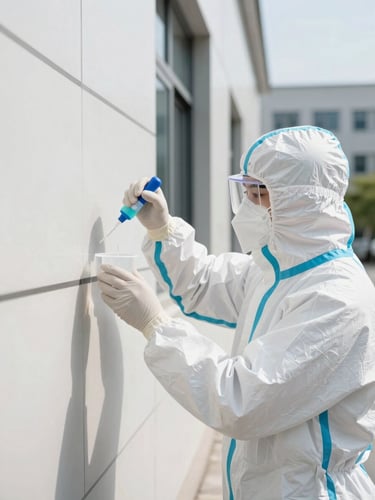 A biosafety technician in a white protective suit applying a precise chemical barrier to a wall joint, bright daylight, clean modern building exterior.