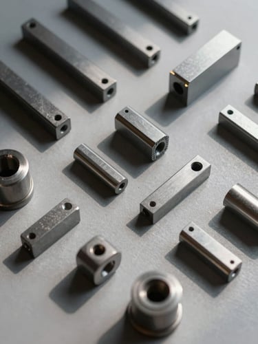 Overhead isometric flat lay of precision-cut steel components arrayed by project on a matte grey surface, sharp cut edges catching north-facing daylight, kerf lines visible, industrial but aesthetic, no text