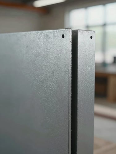 Macro environmental shot of a finished laser-cut steel architectural component installed in a real space, north-facing daylight reading across the surface revealing cut-edge precision and electrostatic paint finish, tight depth of field isolating the component geometry against a blurred interior background
