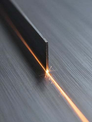 Extreme close-up of a laser-cut steel edge mid-process, tungsten-amber glow of the kerf illuminating the cut line from below, the steel sheet extending left into cool shadow, sharp geometry of the cut path visible in crisp detail, industrial macro framing with generous negative space to the right