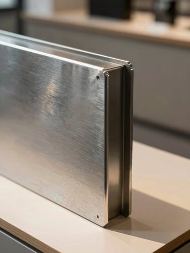 Close-up portrait of a precision-cut steel retail display fixture, polished edge detail visible, standing in a minimal high-end store interior, controlled north-facing daylight, warm ambient glow from below, surface texture crisp and exact