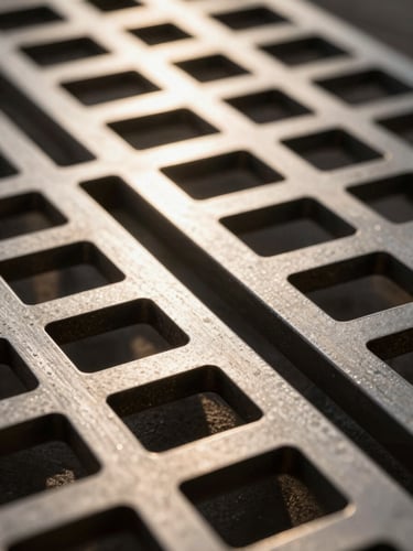 Extreme close-up of a laser-cut metal lattice panel, sharp cut edges with micro-chamfer detail visible, warm north-facing daylight revealing surface grain and precise kerf geometry, deep background out of focus