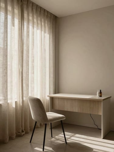 Interior wide shot of a cosmetic clinic consultation room, pale linen curtains diffusing afternoon light, a single minimalist chair beside a low table, no people, warm neutral materials throughout