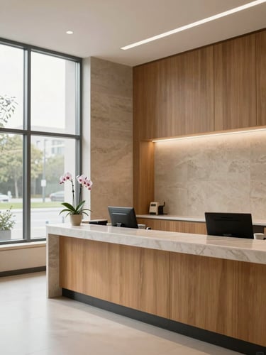 Wide angle of a pristine clinic reception interior, natural light flooding in from a tall window on the left, muted stone and warm timber finishes, a single orchid on the counter, no staff, quiet and unhurried