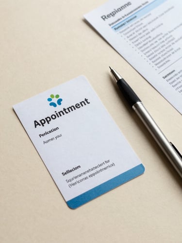 Overhead flat-lay of a clinic appointment card, a fine-tipped pen, and a folded patient information sheet on a warm ivory surface, soft diffused light, minimal and deliberate arrangement