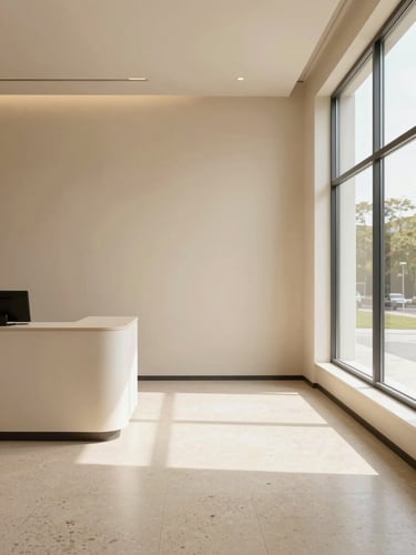 Wide editorial view of a minimal clinic reception interior, natural light entering from tall windows at the far right, warm ivory walls and polished terrazzo floor, a single low desk in the left third, generous negative space, soft shadow detail