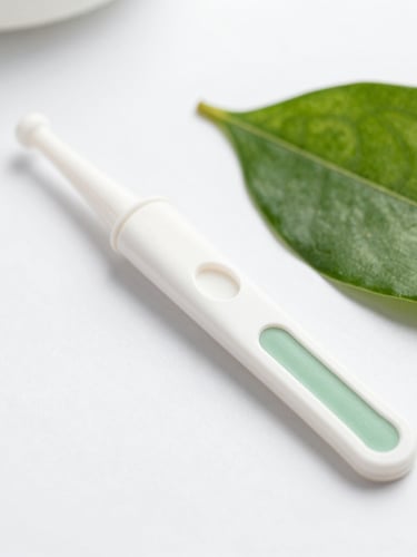 Close-up of an elegant non-invasive cheek swab kit resting on a clean white surface next to a fresh green leaf, soft daylight, 35mm