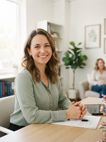 A warm, smiling genetic counselor in a bright, natural-light office, looking helpful and approachable, soft daylight, shallow depth of field, 35mm