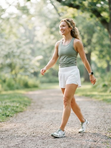 Bright editorial photography of a healthy, active woman walking in soft morning sunlight, shallow depth of field, 35mm