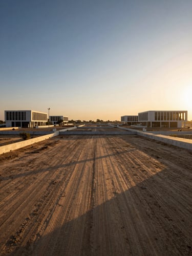 Symmetrical wide-angle architectural twilight view of an expansive, cleared commercial development plot in Greater Noida West, golden-hour light casting long shadows, sharp modern infrastructure in the background, 35mm.