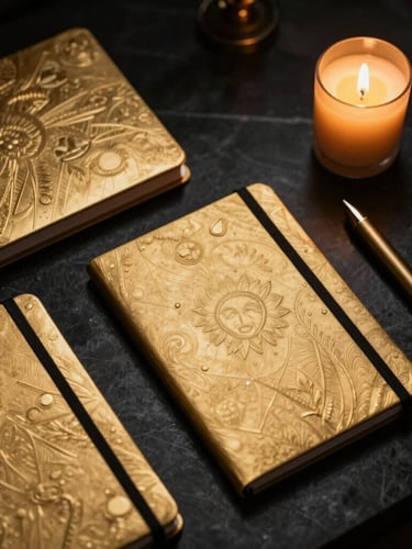 Moody flat lay of an elegant obsidian desk, gold-embossed notebooks, a bronze stylus, and a single burning beeswax candle casting warm light, dark background