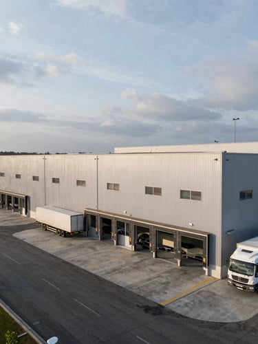 Wide-angle drone shot of a modern high-bay industrial warehouse exterior under overcast morning light, showing concrete loading docks, staging asphalt, and transport trucks.