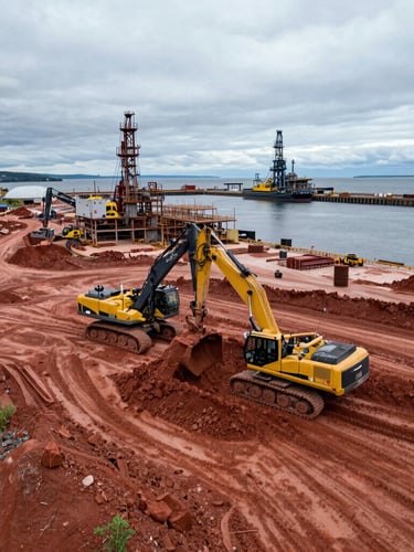 High-angle drone shot of an active industrial construction site in Cape Breton, heavy machinery grading raw red earth near a deep-water port, overcast maritime sky.