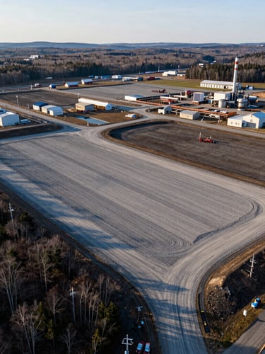 Wide-angle drone shot of an active industrial development site in Cape Breton, showcasing raw land plots with clear gravel laydown yards under crisp morning light, transport links visible in the background.