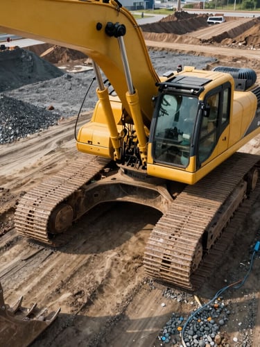Close-up aerial view of a heavy excavator preparing a gravel foundation on an industrial land plot, sharp morning light, raw earth and steel tracks visible