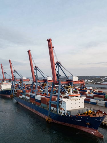Wide-angle drone shot of an active maritime industrial terminal in Cape Breton, heavy container cranes, cargo ships, overcast morning light.