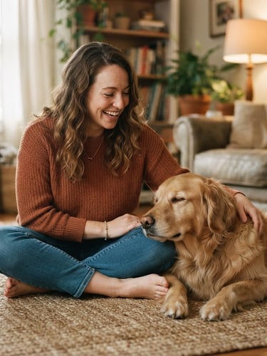 Candid, eye-level portrait of a warm, friendly caregiver sitting on a living room rug next to a relaxed golden retriever, soft morning window light, warm earth tones, shallow depth of field.